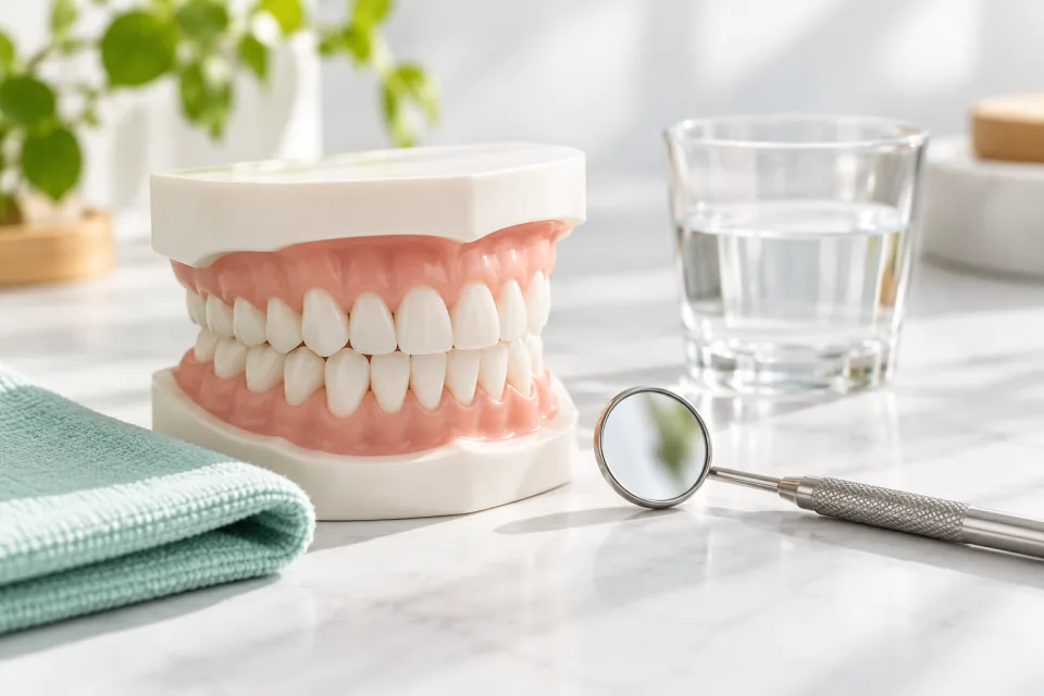 Illustrative dental teaching model and examination mirror
